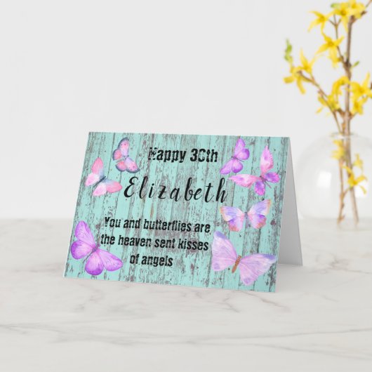 30e Verjaardag Vlinder Waterverf Blauw Roze Kaart (Gele Bloem)