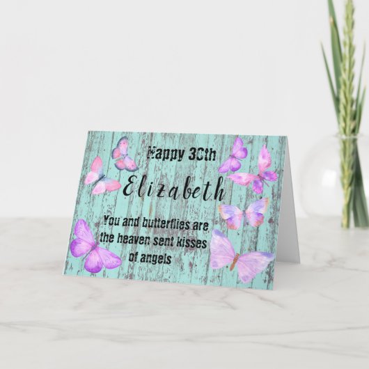 30e Verjaardag Vlinder Waterverf Blauw Roze Kaart (Voorkant)