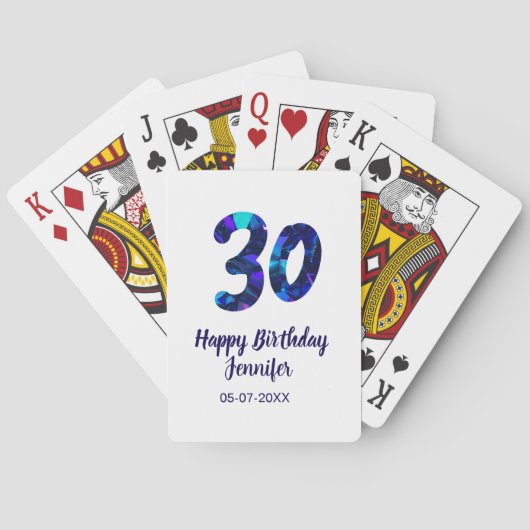 30e verjaardag voeg naam datum jaar blauwe glans t pokerkaarten (Achterkant)
