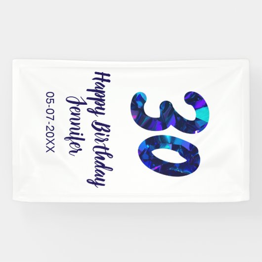 30e verjaardag voeg naam datum jaar blauwe glans t spandoek (Horizontaal)
