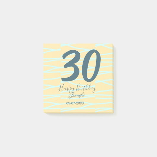 30e verjaardag voeg naam datum jaar geel blauw pla post-it® notes (Voorkant)