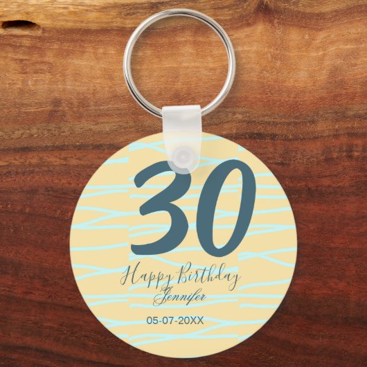 30e verjaardag voeg naam datum jaar geel blauw pla sleutelhanger (Achterkant)