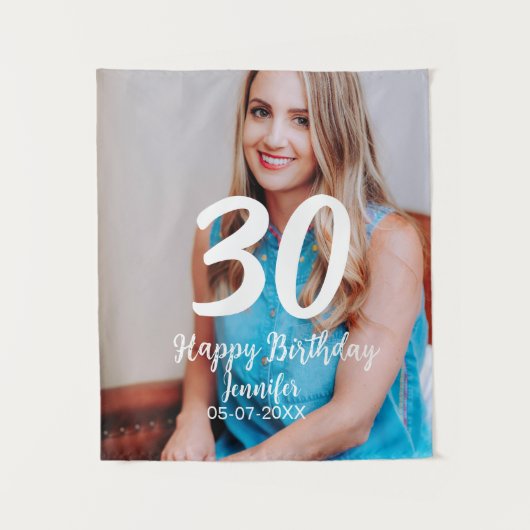30e verjaardag voeg naam datum jaar witte foto toe wandkleed (Voorkant)