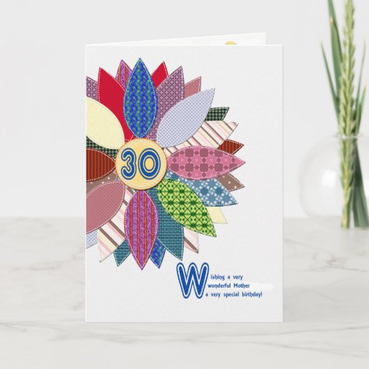 30e verjaardag voor moeder, gestikte bloem kaart (Voorkant)