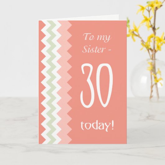 30e verjaardag voor zuster, koraal, munt Chevrons Kaart (Gele Bloem)