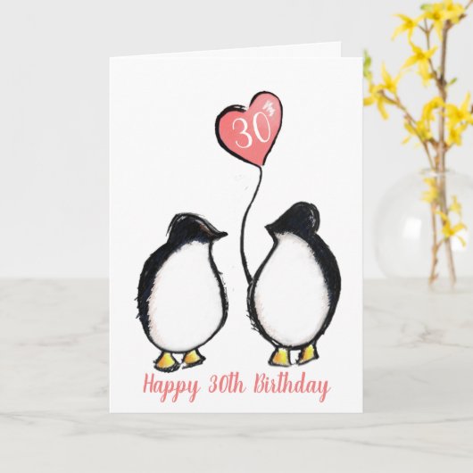 30e verjaardag vrouw/vriendin pinguïn hart kaart (Gele Bloem)