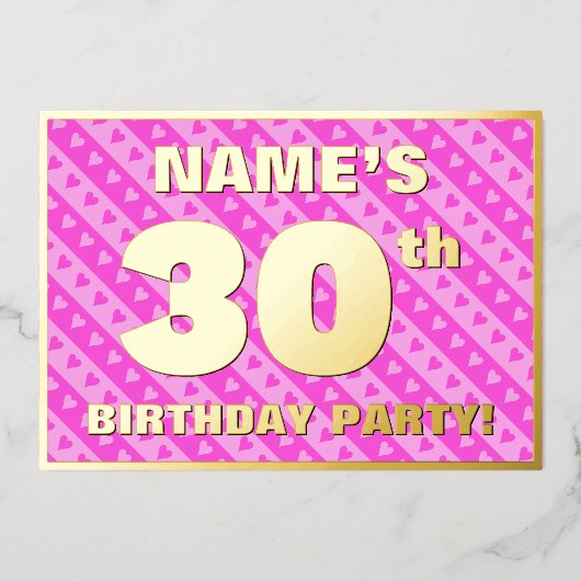 30e verjaardag — vuurroze harten en strips folie uitnodiging (Voorkant)