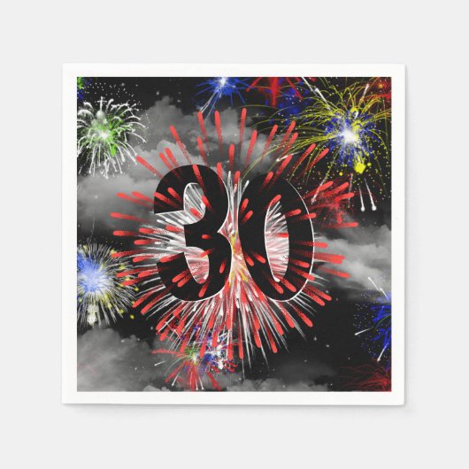 30e verjaardag vuurwerk in wolken servet (Voorkant)