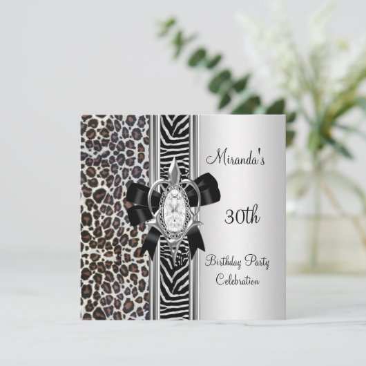 30e verjaardag Wild Animal Print Diamond Bow Kaart (Staand voorkant)