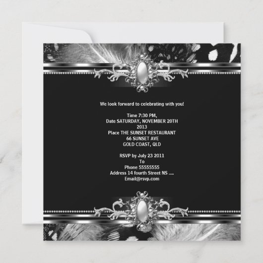 30e verjaardag Wilde feathers Silver Black Kaart (Achterkant)