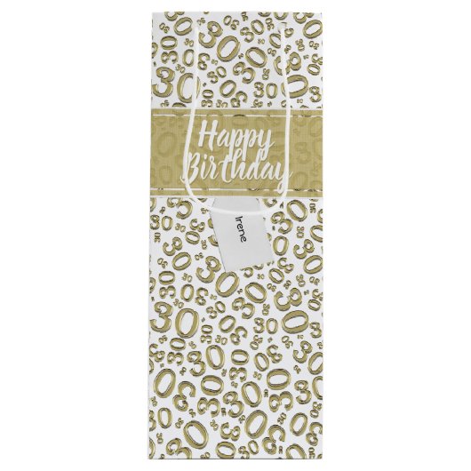 30e Verjaardag Willekeurig Cijfer Patroon Goud/Wit Wijn Cadeautas (Voorkant)