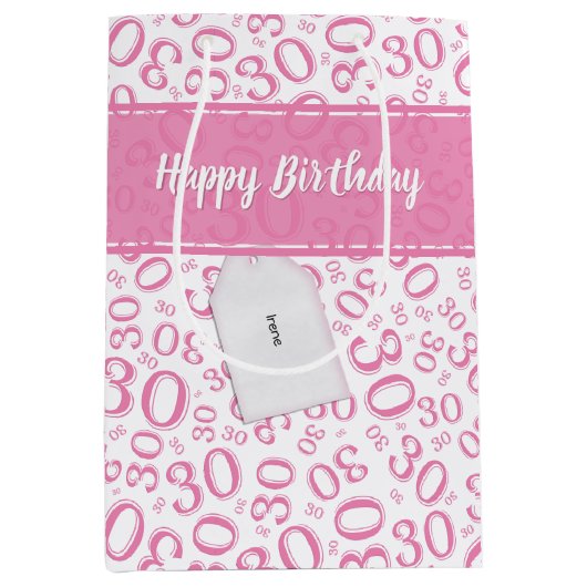 30e Verjaardag Willekeurig Nummer Patroon Roze/Wit Medium Cadeauzakje (Voorkant)