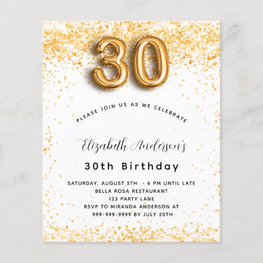 30e verjaardag wit goud glitter budget uitnodiging flyer (Voorkant)