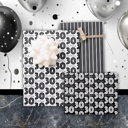 30e verjaardag wit zwart typografie strepen contro inpakpapier vel