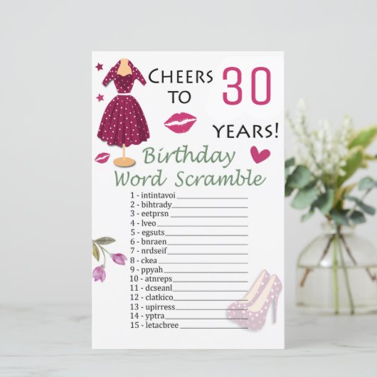 30e verjaardag Word Scramble Game (Staand voorkant)