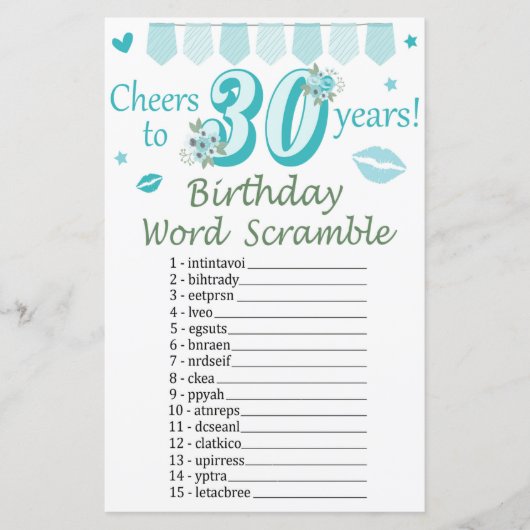 30e verjaardag Word Scramble Game (Voorkant)