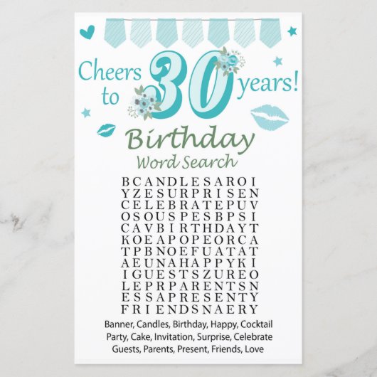 30e verjaardag Word Search Game (Voorkant)