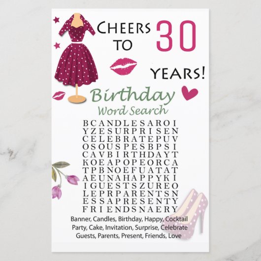30e verjaardag Word Search Game (Voorkant)
