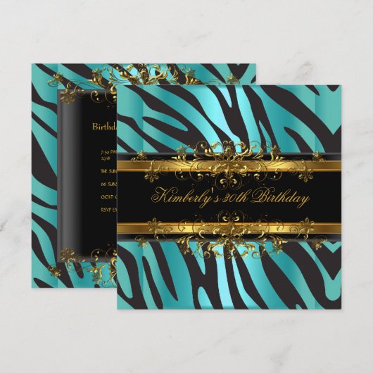 30e verjaardag Zebra Blauwgroen Blauw Gold Black Kaart (Voorkant / Achterkant)