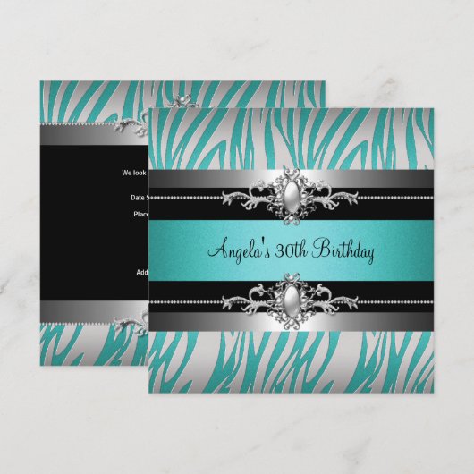 30e verjaardag Zebra Blauwgroen Blauw Zilver Black Kaart (Voorkant / Achterkant)