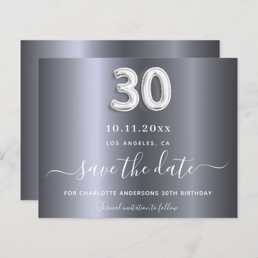 30e verjaardag Zilver Metaal Save the Date Card (Voorkant / Achterkant)
