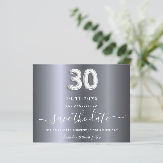 30e verjaardag Zilver Metaal Save the Date Card (Staand voorkant)