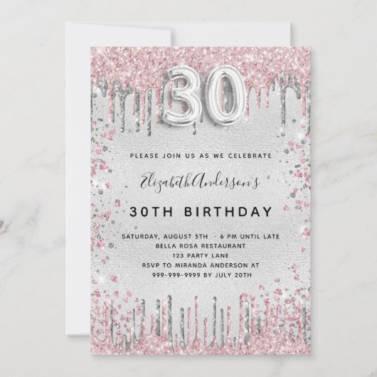 30e verjaardag zilver roze kaart (Voorkant)