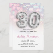 30e verjaardag - Zilveren Ballonnen Roze Lichten Kaart (Voorkant / Achterkant)