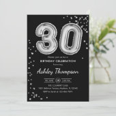 30e verjaardag - Zilveren Ballonnen Zwart Kaart (Staand voorkant)