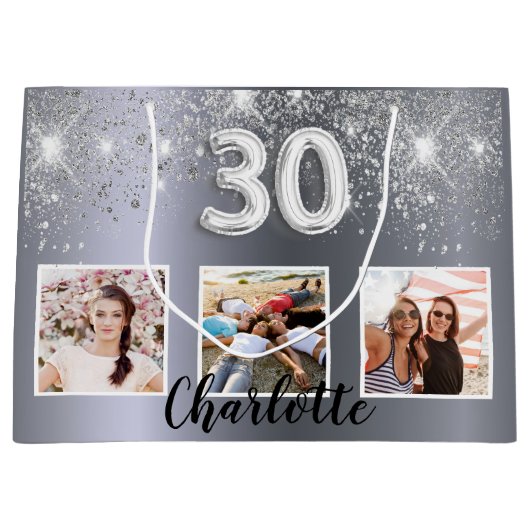 30e verjaardag zilveren glitter foto naam groot cadeauzakje (Voorkant)