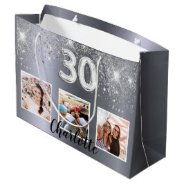 30e verjaardag zilveren glitter foto naam groot cadeauzakje