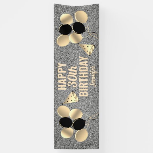 30e verjaardag Zilveren Glitter gepersonaliseerd Spandoek (Verticaal)