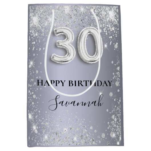 30e verjaardag zilveren glitter naam script medium cadeauzakje (Voorkant)