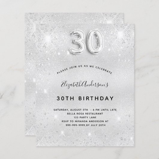 30e verjaardag zilveren glitter uitnodiging (Voorkant / Achterkant)