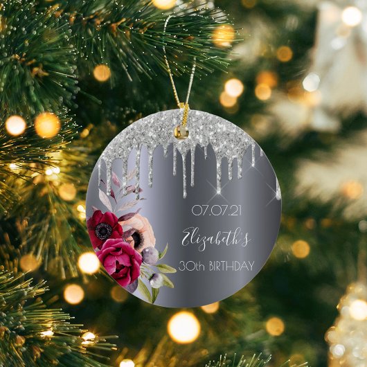 30e verjaardag zilveren glittersparelende bloemen  keramisch ornament