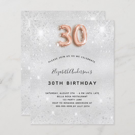 30e verjaardag zilveren roos gouden uitnodiging (Voorkant / Achterkant)