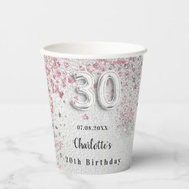 30e verjaardag zilveren roze naam papieren bekers