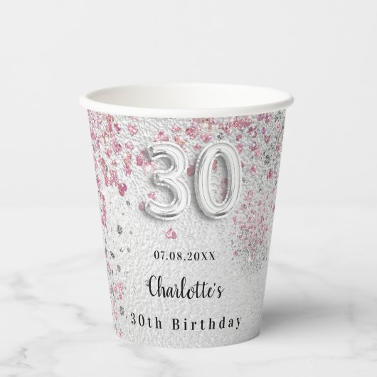 30e verjaardag zilveren roze naam papieren bekers (Voorkant)