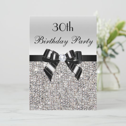 30e verjaardag zilveren sequin zwarte boog diamant kaart (Staand voorkant)