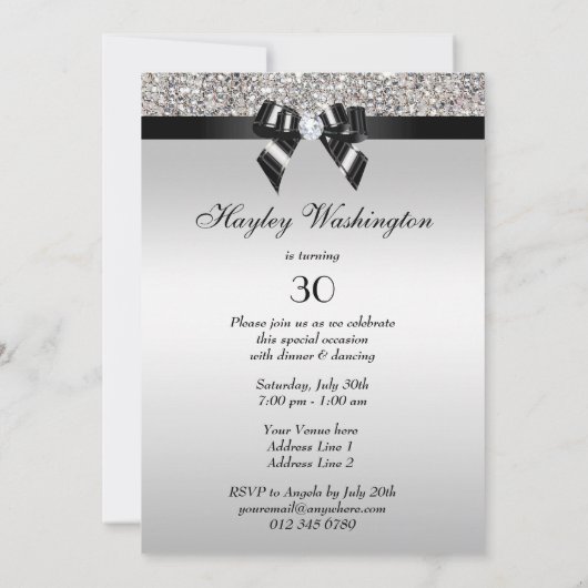 30e verjaardag zilveren sequin zwarte boog diamant kaart (Achterkant)