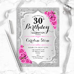 30e verjaardag - Zilveren strepen roze rozen Kaart<br><div class="desc">30e uitnodiging van de verjaardag. Elegant bloemontwerp in zilver en roze. Met faux glitter Silver Strees,  roze rozen,  stijlvol script font en confetti. Ideaal voor een glam verjaardagsfeestje.</div>