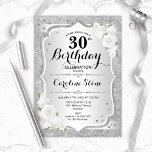 30e verjaardag - Zilveren strepen witte rozen Kaart<br><div class="desc">30e uitnodiging van de verjaardag. Elegant bloemontwerp in zilver en wit. Met faux glitter Silver Strees,  witte rozen,  stijlvol script font en confetti. Ideaal voor een glam verjaardagsfeestje.</div>