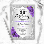 30e verjaardag - Zilveren Stripes Paarse Rozen Kaart<br><div class="desc">30e uitnodiging van de verjaardag. Elegant bloemontwerp in zilver en paars. Met faux glitter Silver Strees,  paarse rozen stijlvolle scriptlettertypen en confetti. Ideaal voor een glam verjaardagsfeestje.</div>