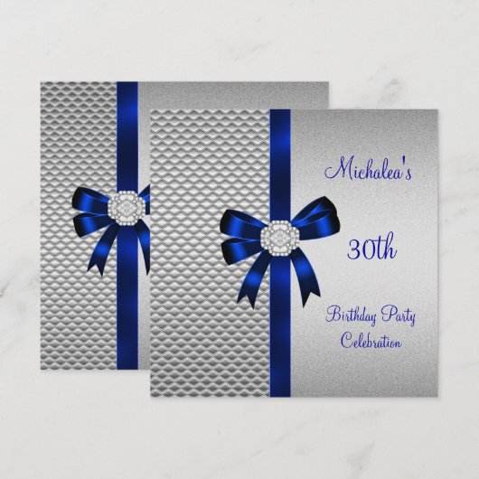 30e verjaardag Zilveren Tegels Blue Diamond Bow Kaart (Voorkant / Achterkant)