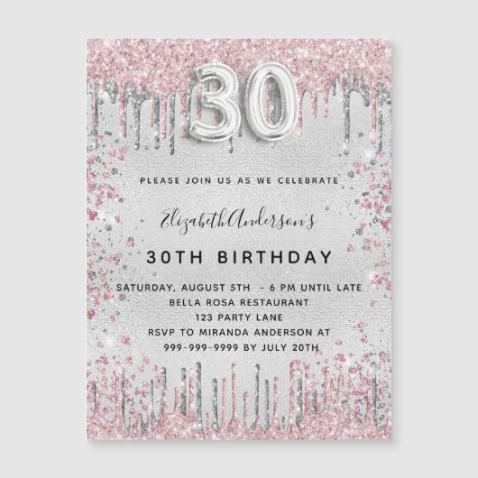 30e verjaardag zilverroze uitnodiging magnet (Voorkant)