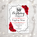 30e verjaardag - Zilverwitte rode rozen Kaart<br><div class="desc">Elegant 30th Birthday Invitation. Stijlvol ontwerp in wit,  zilver en rood. Met rode rozen,  een demperpatroon en faux glitter Silver confetti. Ideaal voor een glam tijdens de viering van de witte verjaardag. Kan op elke leeftijd aan show worden aangepast. Bericht me als u verdere aanpassing nodig hebt.</div>