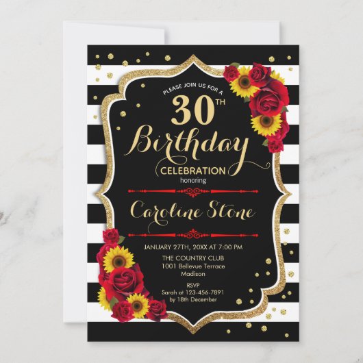 30e verjaardag - Zonnebloemen Rozen Black Gold Kaart (Voorkant)