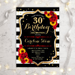 30e verjaardag - Zonnebloemen Rozen Black Gold Kaart<br><div class="desc">Rustic 30th Birthday Invitation. Florale vormgeving met zwarte en witte strepen,  zonnebloemen,  rode rozen en faux glitter Gold. Met stijlvolle scriptlettertypen en confetti. Ideaal voor een elegant verjaardagsfeestje. Pas je aan met je eigen gegevens.</div>