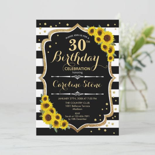 30e verjaardag - Zonnebloemen Zwarte Witte Stripes Kaart (Staand voorkant)