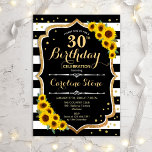 30e verjaardag - Zonnebloemen Zwarte Witte Stripes Kaart<br><div class="desc">Rustic 30th Birthday Invitation. Elegant ontwerp met zwarte en witte strepen,  zonnebloemen en faux glitter Gold. Met stijlvolle scriptlettertypen en confetti. Ideaal voor een elegant verjaardagsfeestje. Pas je aan met je eigen gegevens.</div>